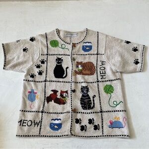 Marisa Christina Sweater Short Sleeve Knitted Button Up Cats Lovers Women's